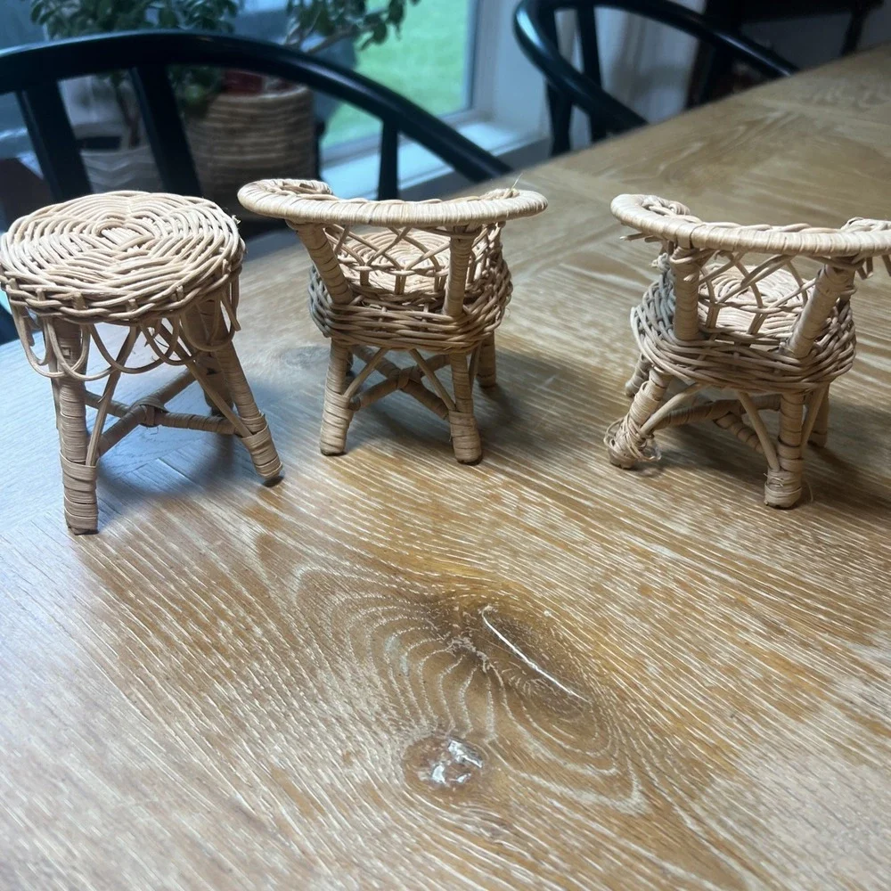 Vintage Set Wicker Rattan Patio Dollhouse Furniture: 2 Chairs & Table